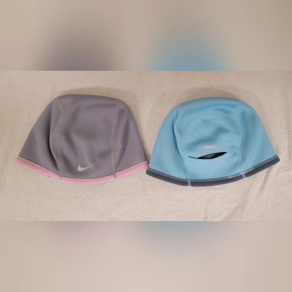 2 Nike Run Reversible Fleece Therma-Fit Running Line Beanie Hat- Girls One Size